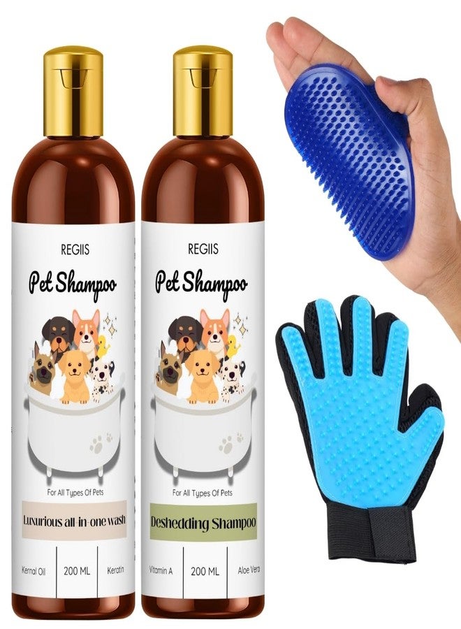 REGIIS Pet Shampoo and Grooming Set, 200 ML Deshedding Formula with Aloe Vera, Keratin, Vitamin A, Includes Blue Silicone Brush Glove for Dogs and Cats(4PACK) - Image 1